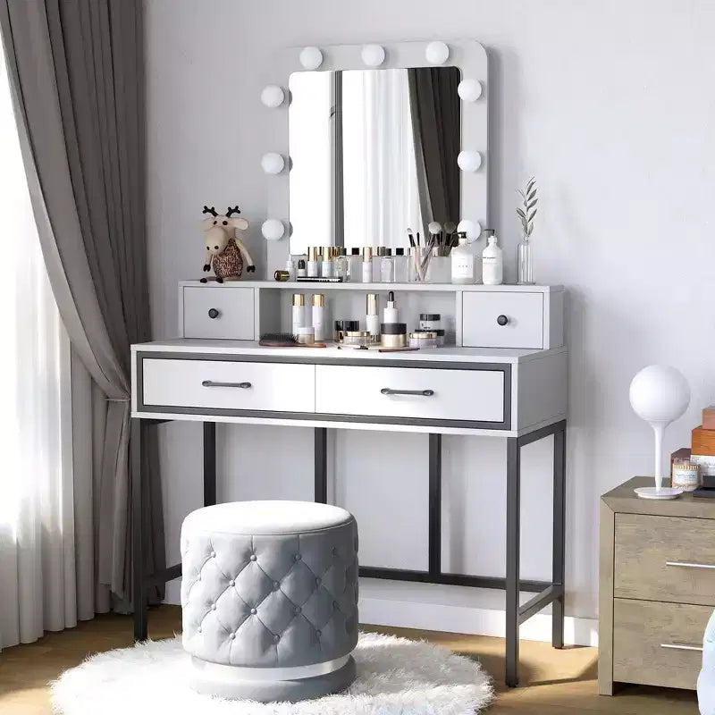 Toeletta con specchio illuminato, tavolo da trucco Hollywood regolabile a 3 colori con 4 cassetti