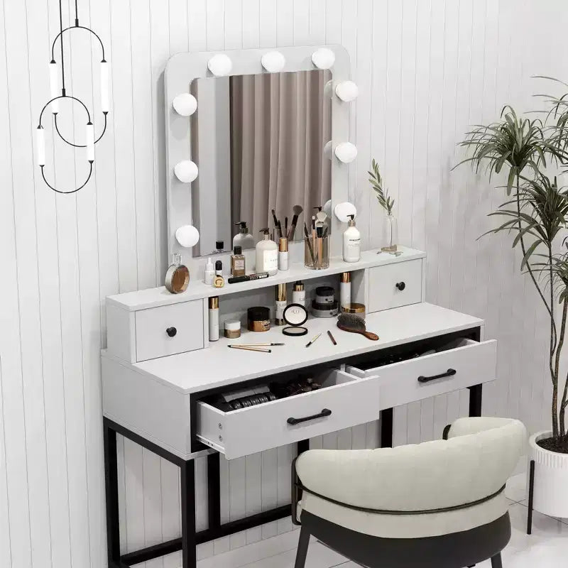 Toeletta con specchio illuminato, tavolo da trucco Hollywood regolabile a 3 colori con 4 cassetti