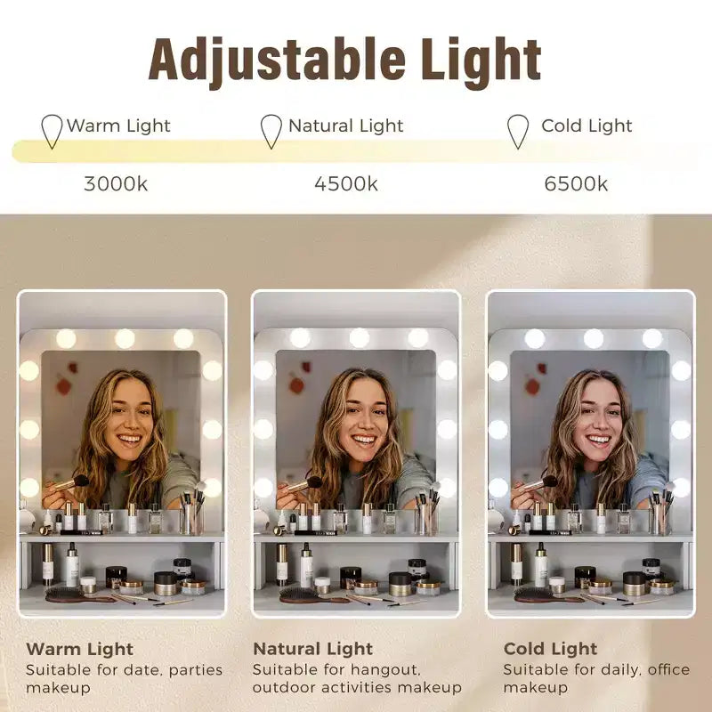 Toeletta con specchio illuminato, tavolo da trucco Hollywood regolabile a 3 colori con 4 cassetti