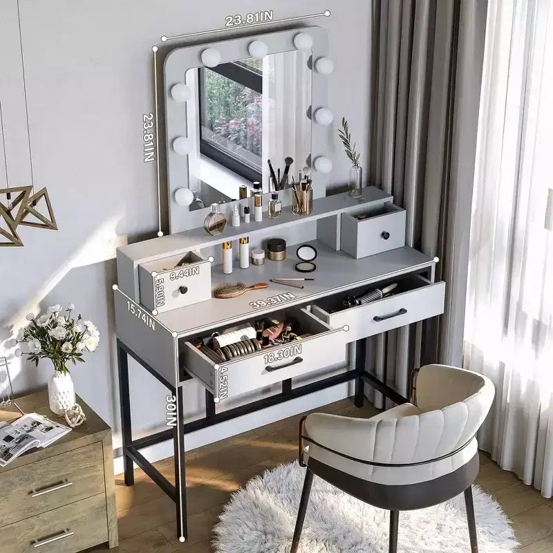 Toeletta con specchio illuminato, tavolo da trucco Hollywood regolabile a 3 colori con 4 cassetti