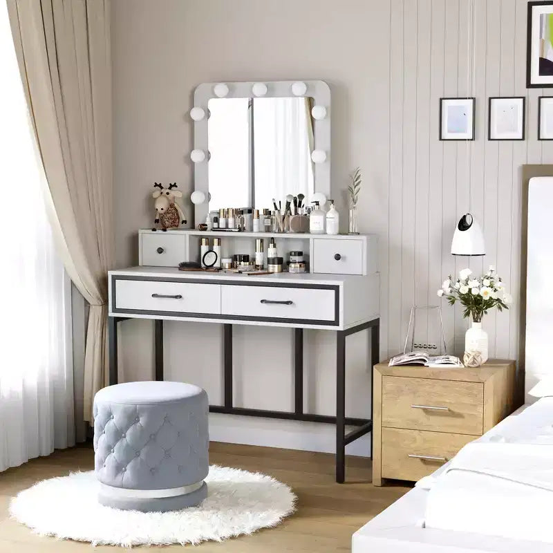 Toeletta con specchio illuminato, tavolo da trucco Hollywood regolabile a 3 colori con 4 cassetti