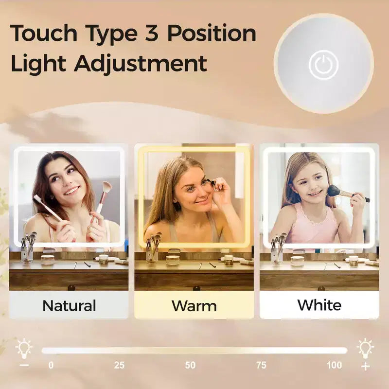 Toeletta con specchio illuminato, tavolo da trucco Hollywood regolabile a 3 colori con 4 cassetti