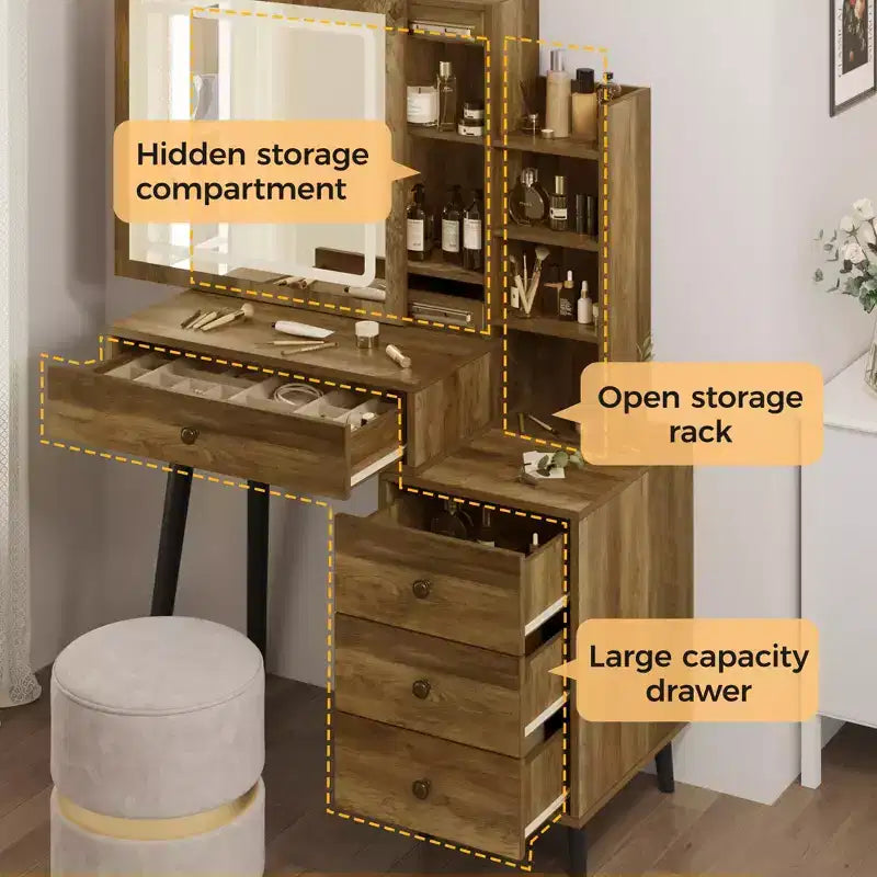Toeletta con specchio illuminato, tavolo da trucco Hollywood regolabile a 3 colori con 4 cassetti