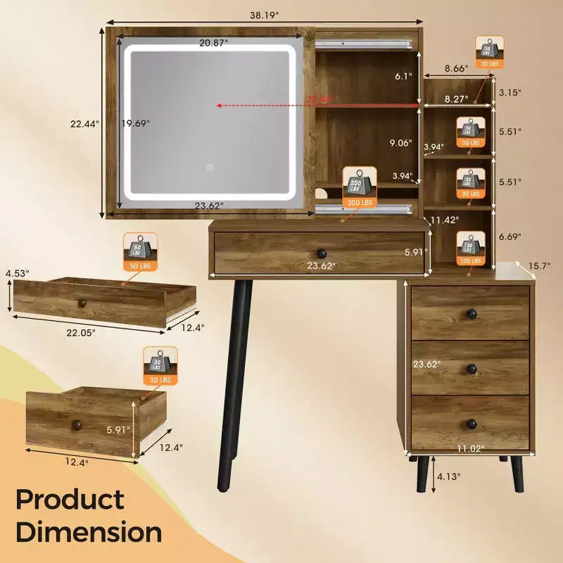 Toeletta con specchio illuminato, tavolo da trucco Hollywood regolabile a 3 colori con 4 cassetti
