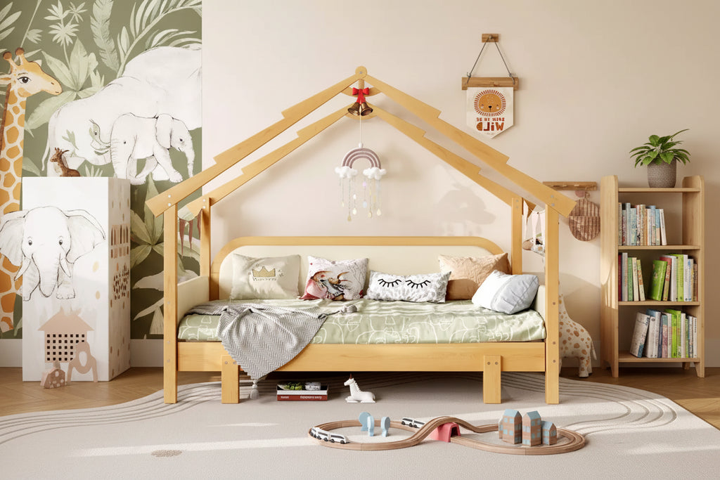 JVNOXK Twin Size Wood Treehouse bed with Soft Cushion Rails,for Kids, Teens, Girls, Boys,White