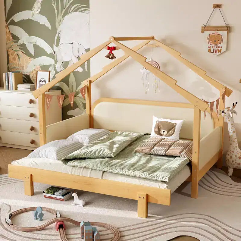 Letto a Casetta in Legno con Sponde Imbottite a Cuscino, per Bambini, Ragazzi, Ragazze, Bianco
