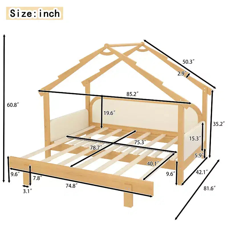 Letto a Casetta in Legno con Sponde Imbottite a Cuscino, per Bambini, Ragazzi, Ragazze, Bianco