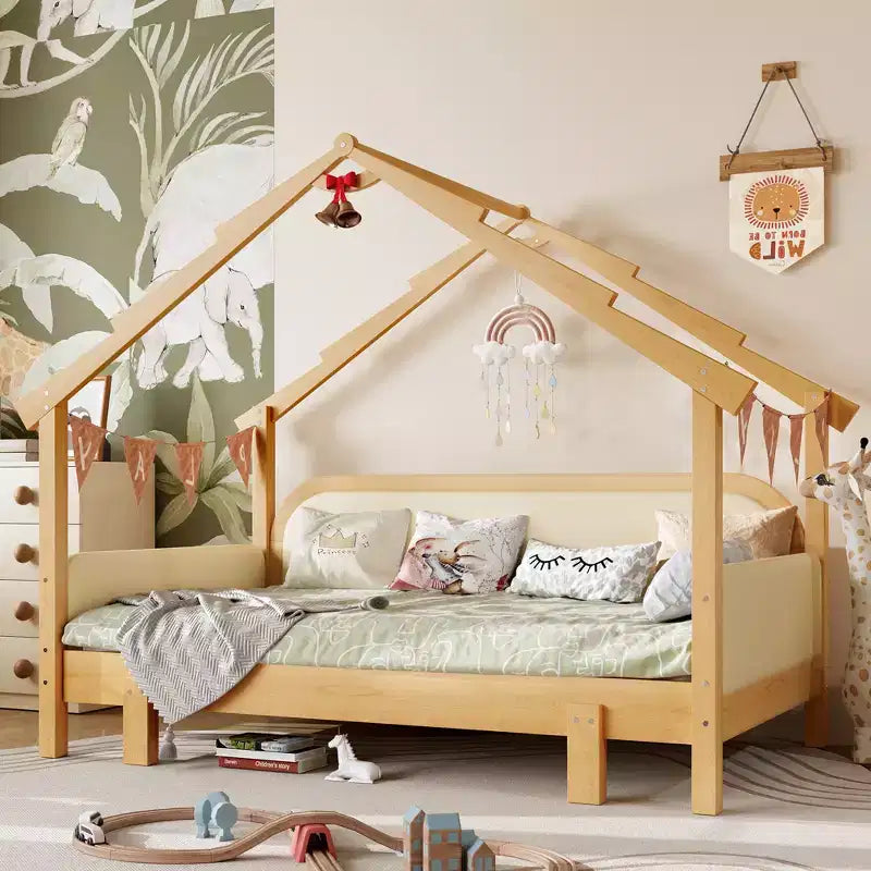 Letto a Casetta in Legno con Sponde Imbottite a Cuscino, per Bambini, Ragazzi, Ragazze, Bianco
