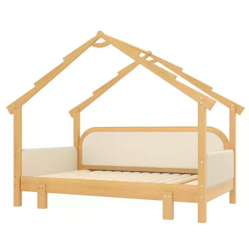 Letto a Casetta in Legno con Sponde Imbottite a Cuscino, per Bambini, Ragazzi, Ragazze, Bianco