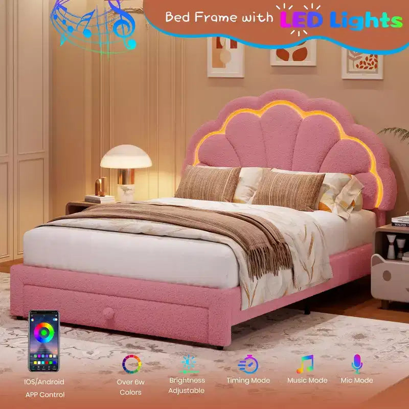 Struttura letto imbottita a LED, con cassetto portaoggetti, testiera chic regolabile, letto a piattaforma Princess in pile berbero per bambini, supporto in legno, senza rete a molle