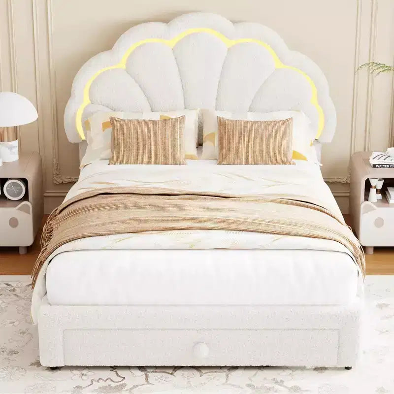 Struttura letto imbottita a LED, con cassetto portaoggetti, testiera chic regolabile, letto a piattaforma Princess in pile berbero per bambini, supporto in legno, senza rete a molle