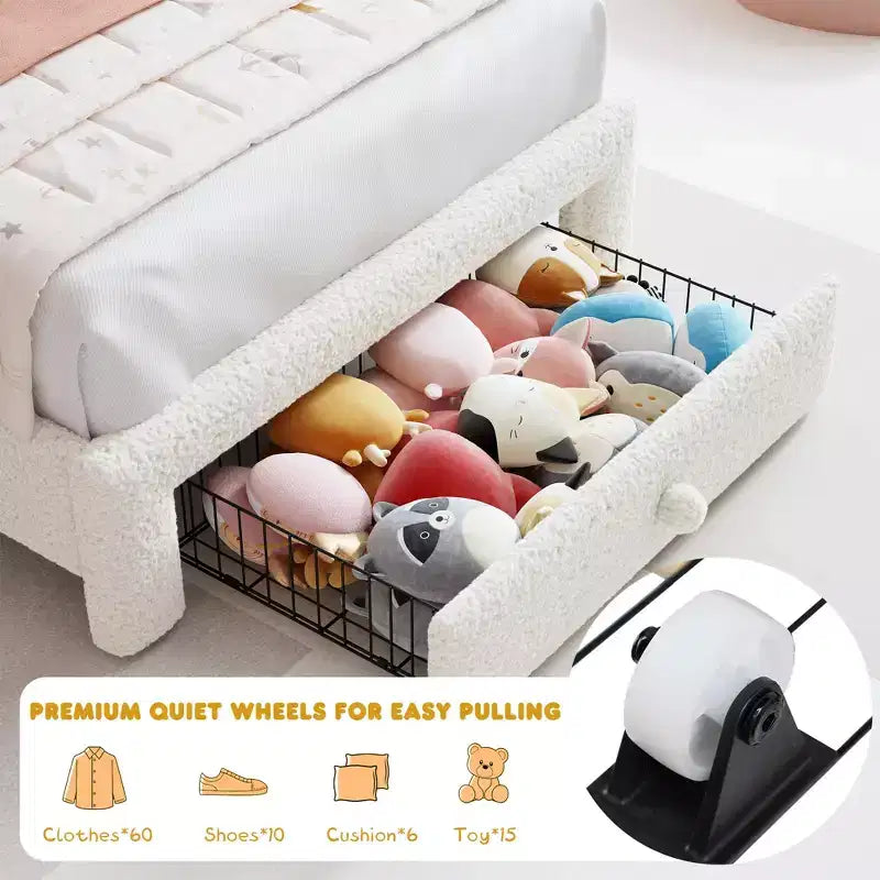 Struttura letto imbottita a LED, con cassetto portaoggetti, testiera chic regolabile, letto a piattaforma Princess in pile berbero per bambini, supporto in legno, senza rete a molle