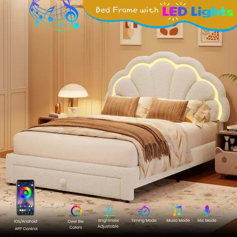 Struttura letto imbottita a LED, con cassetto portaoggetti, testiera chic regolabile, letto a piattaforma Princess in pile berbero per bambini, supporto in legno, senza rete a molle