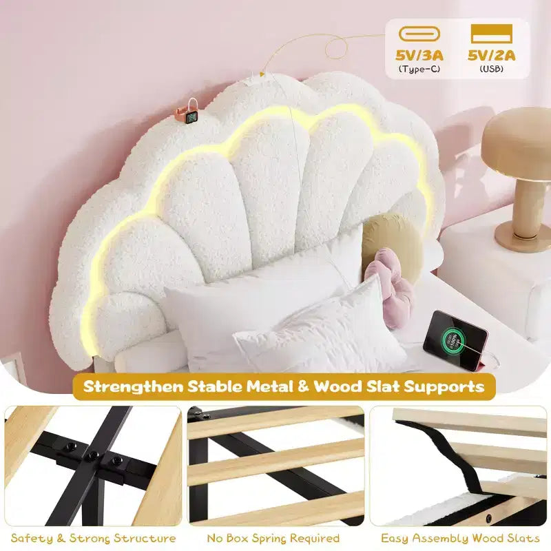 Struttura letto imbottita a LED, con cassetto portaoggetti, testiera chic regolabile, letto a piattaforma Princess in pile berbero per bambini, supporto in legno, senza rete a molle