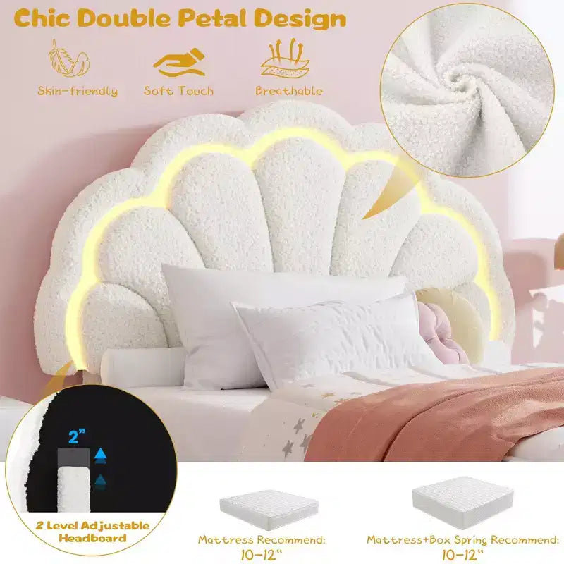 Struttura letto imbottita a LED, con cassetto portaoggetti, testiera chic regolabile, letto a piattaforma Princess in pile berbero per bambini, supporto in legno, senza rete a molle