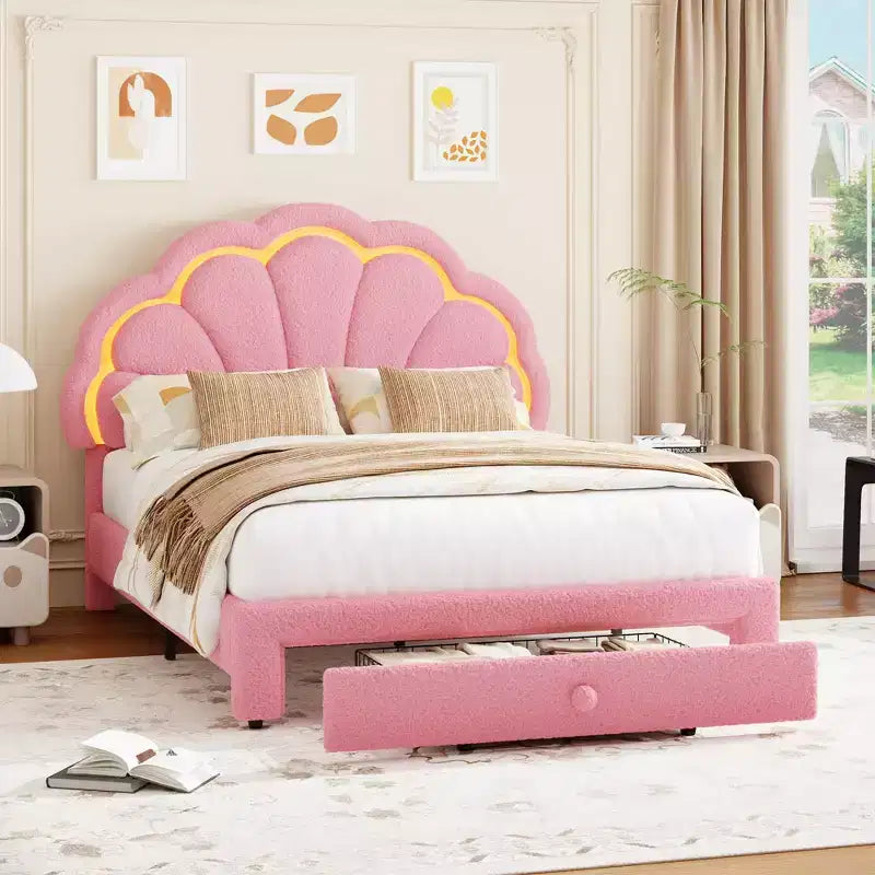 Struttura letto imbottita a LED, con cassetto portaoggetti, testiera chic regolabile, letto a piattaforma Princess in pile berbero per bambini, supporto in legno, senza rete a molle