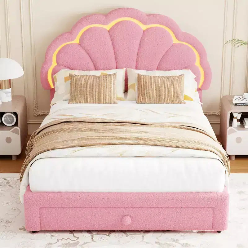 Struttura letto imbottita a LED, con cassetto portaoggetti, testiera chic regolabile, letto a piattaforma Princess in pile berbero per bambini, supporto in legno, senza rete a molle