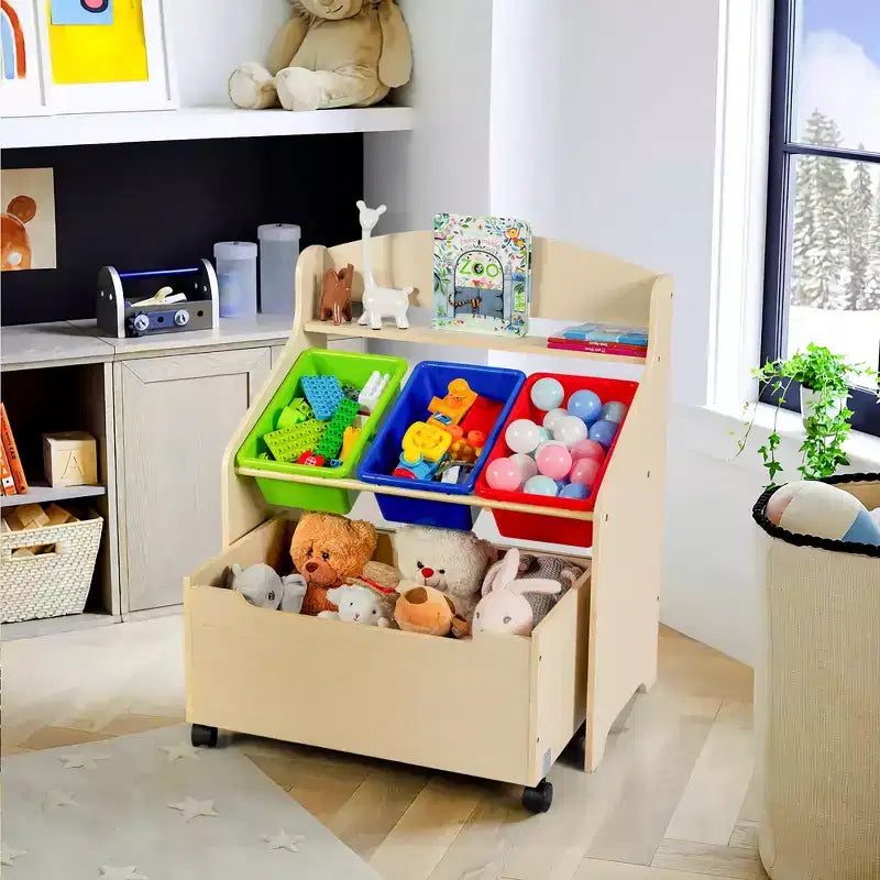 Organizzatore/Mobile per Giochi in Legno per Bambini con Contenitore su Ruote e Contenitori in Plastica, Naturale/Espresso