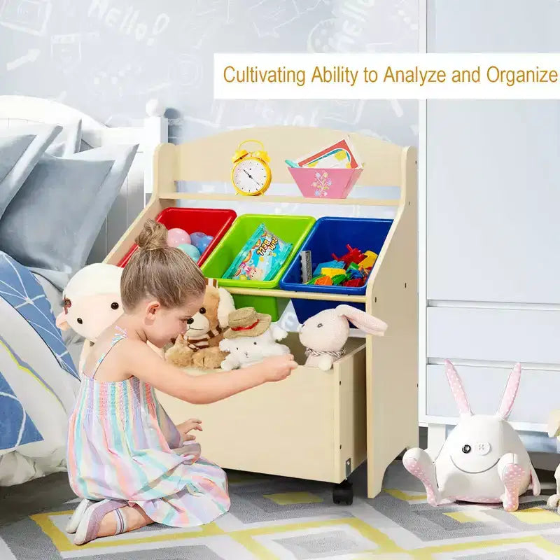 Organizzatore/Mobile per Giochi in Legno per Bambini con Contenitore su Ruote e Contenitori in Plastica, Naturale/Espresso