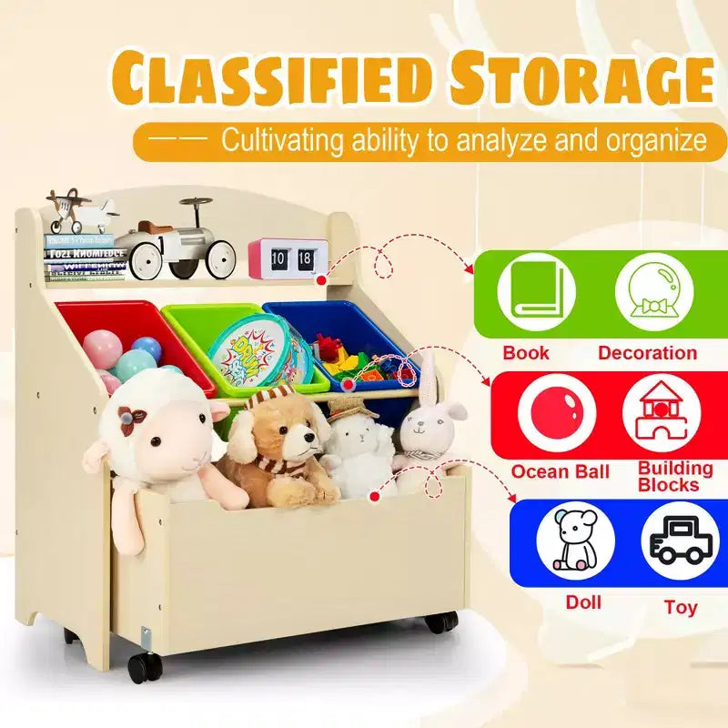 Organizzatore/Mobile per Giochi in Legno per Bambini con Contenitore su Ruote e Contenitori in Plastica, Naturale/Espresso