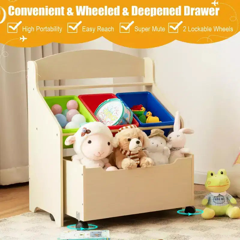 Organizzatore/Mobile per Giochi in Legno per Bambini con Contenitore su Ruote e Contenitori in Plastica, Naturale/Espresso