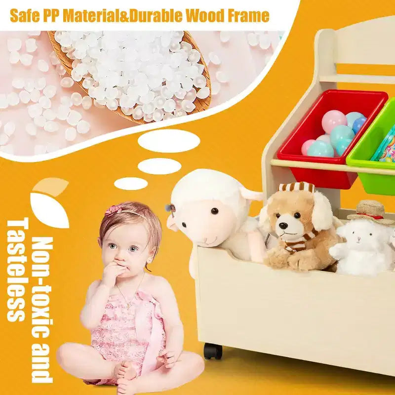 Organizzatore/Mobile per Giochi in Legno per Bambini con Contenitore su Ruote e Contenitori in Plastica, Naturale/Espresso