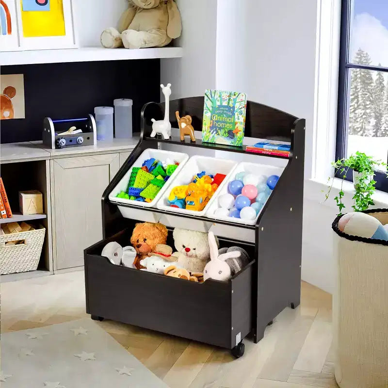 Organizzatore/Mobile per Giochi in Legno per Bambini con Contenitore su Ruote e Contenitori in Plastica, Naturale/Espresso