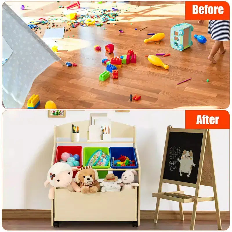 Organizzatore/Mobile per Giochi in Legno per Bambini con Contenitore su Ruote e Contenitori in Plastica, Naturale/Espresso