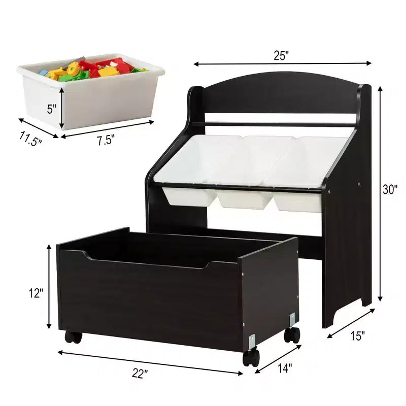 Organizzatore/Mobile per Giochi in Legno per Bambini con Contenitore su Ruote e Contenitori in Plastica, Naturale/Espresso