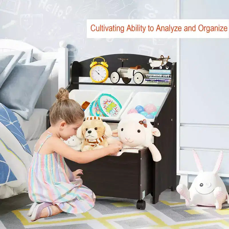 Organizzatore/Mobile per Giochi in Legno per Bambini con Contenitore su Ruote e Contenitori in Plastica, Naturale/Espresso