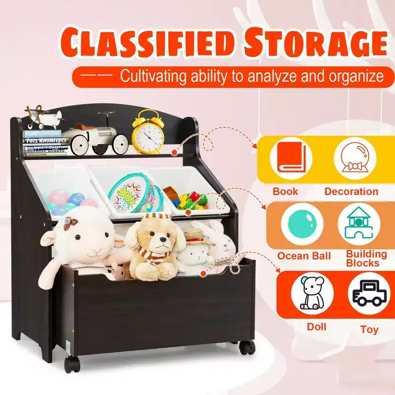 Organizzatore/Mobile per Giochi in Legno per Bambini con Contenitore su Ruote e Contenitori in Plastica, Naturale/Espresso