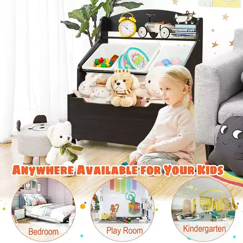 Organizzatore/Mobile per Giochi in Legno per Bambini con Contenitore su Ruote e Contenitori in Plastica, Naturale/Espresso