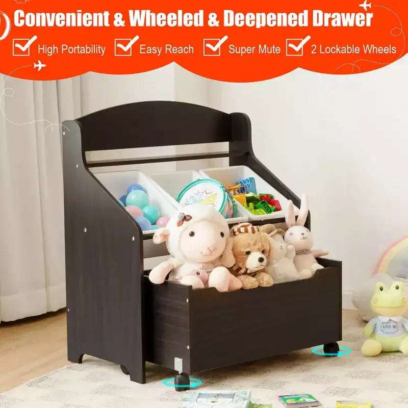 Organizzatore/Mobile per Giochi in Legno per Bambini con Contenitore su Ruote e Contenitori in Plastica, Naturale/Espresso