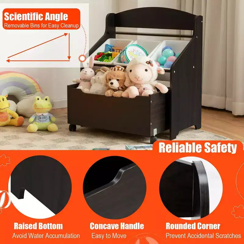 Organizzatore/Mobile per Giochi in Legno per Bambini con Contenitore su Ruote e Contenitori in Plastica, Naturale/Espresso