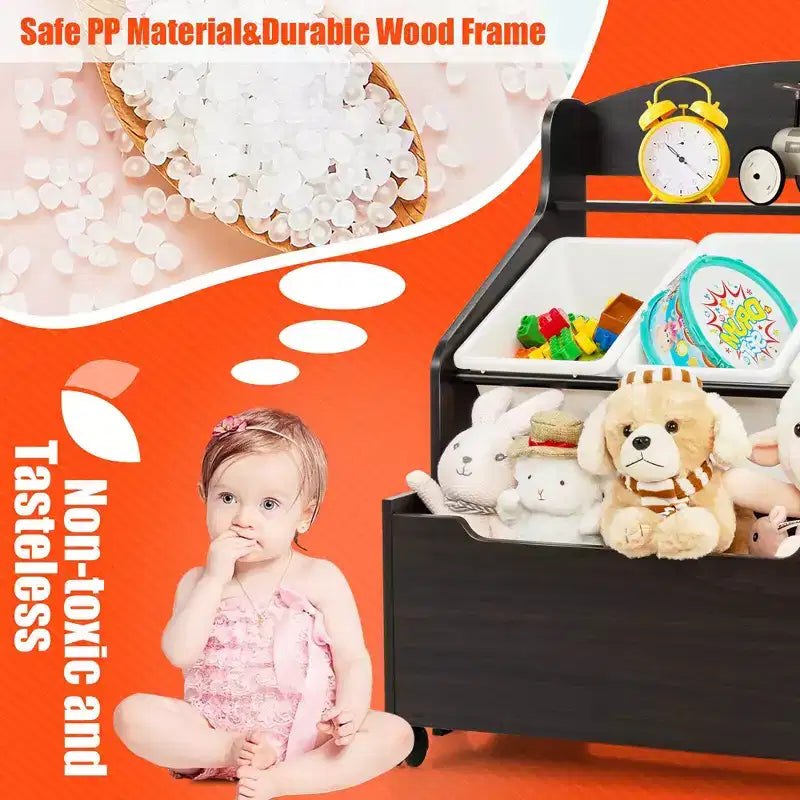 Organizzatore/Mobile per Giochi in Legno per Bambini con Contenitore su Ruote e Contenitori in Plastica, Naturale/Espresso