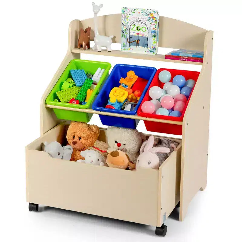 Organizzatore/Mobile per Giochi in Legno per Bambini con Contenitore su Ruote e Contenitori in Plastica, Naturale/Espresso