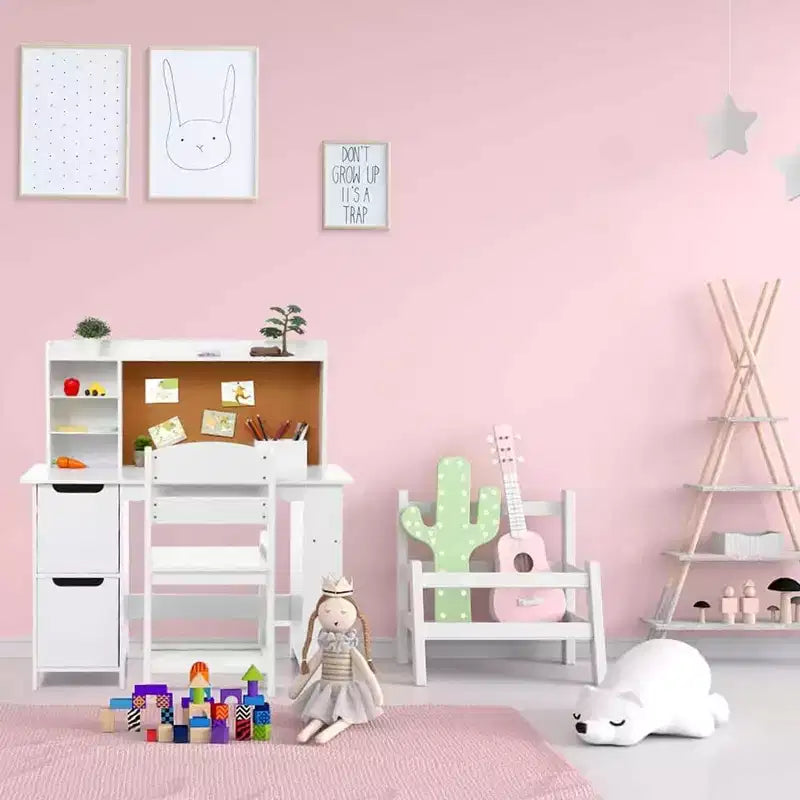 Scrivania da studio in legno per bambini con sedia, libreria, bacheca e armadietti, bianca