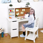 Scrivania da studio in legno per bambini con sedia, libreria, bacheca e armadietti, bianca