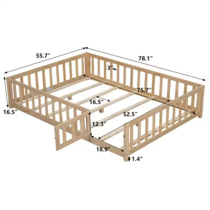 Letto a Piattaforma da Terra Full Size con Recinzione e Porta, Struttura Letto da Terra in Legno con Doghe di Supporto per Mobili da Camera per Bambini e Bambine, Facile da Montare