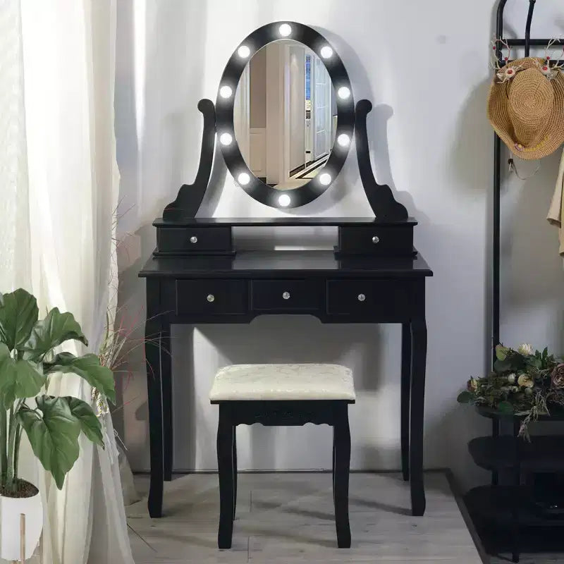 Modern Makeup Vanity, Girls Vanity Set with Lighted Mirror and Cushioned Stool